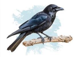 single crow rests elegantly on a branch, its dark, glossy plumage capturing the light beautifully as it remains isolated against a white background. photo
