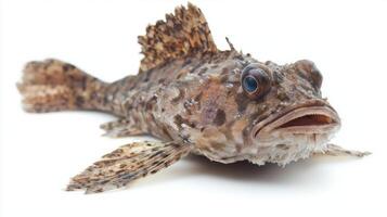 Monkfish scientifically known as Lophius piscatorius showcases its distinctive appearance and intricate textures against a plain white backdrop emphasizing its natural beauty. photo