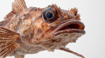 Monkfish known scientifically as Lophius piscatorius showcases its unique characteristics and texture in a clean environment highlighting its intriguing appearance. photo