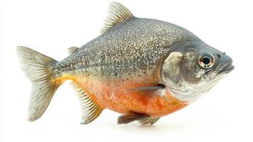 Piranha known as Pygocentrus nattereri displays its recognizable shape and color against a pure white background highlighting its shiny scales and predatory nature. photo