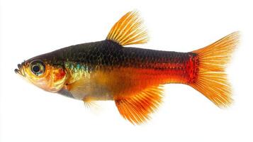 vibrant platy fish displays its unique color patterns and fins while swimming against a white background highlighting its natural beauty and lively movement. photo