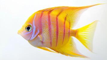 Peppermint Angelfish glides smoothly in clear water exhibiting its striking yellow and pink striped pattern. This unique species captures attention with its vivid coloration. photo