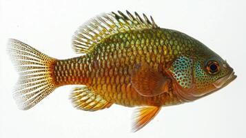 Redear Sunfish scientifically known as Lepomis microlophus displays its vivid hues and unique physical characteristics against a clean white backdrop ideal for study and identification. photo