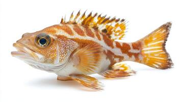 rockfish Sebastes characterized by its striking orange and white patterns is set against a plain white background. The details highlight its intricate features and lively appearance. photo