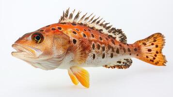 Rockfish Sebastes displays its striking coloration and distinct patterns against a clean white backdrop highlighting its natural beauty and characteristics. photo