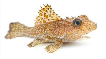 Cottidae sculpin fish is displayed against a clean white background illustrating its distinctive textures and patterns. This species is known for its unique adaptations to marine environments. photo
