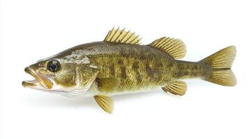 smallmouth bass displays its distinctive coloration and features while resting on a clean white surface highlighting its intricate details and texture. photo