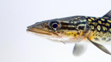 Spotted Gar Lepisosteus oculatus is displayed prominently highlighting its distinctive spots and elongated form set against a stark white background. photo