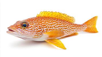 Tilefish species known for its striking orange and yellow hues is displayed against a pristine white backdrop highlighting its distinct features and patterns beautifully. photo