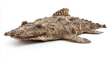 Wobbegong Shark known for its distinctive patterns and flattened body displays its remarkable camouflage against a plain white background highlighting its unique appearance. photo