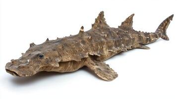 Wobbegong Shark known for its distinctive camouflaging patterns and textures is displayed against a plain white background highlighting its fascinating features and shape. photo