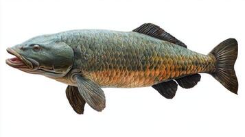 large freshwater fish known Arapaima gigas displays its distinctive shape and vibrant colors against a clean white background emphasizing its scale patterns and beauty. photo