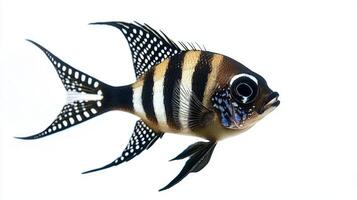 Banggai Cardinalfish displays its vibrant black and white stripes captivatingly gliding through clear water in a pristine isolated setting. photo