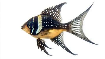 Banggai Cardinalfish is displayed in full view highlighting its striking coloration and distinctive fin patterns swimming subtly in a clear space. photo