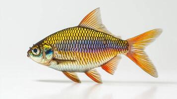 Boesemani Rainbowfish displays its stunning colors and intricate patterns while gliding against a plain white background capturing the observers attention. photo