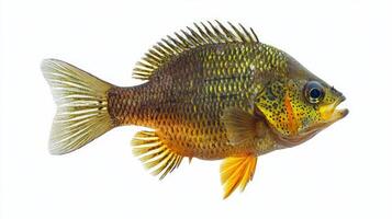 Bluegill fish is showcased in this visual highlighting its striking colors and features. The fish is isolated against a white backdrop emphasizing its natural beauty. photo