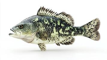 Black Crappie glides gracefully with its unique spotted body. Its fins and scales shimmer against a pristine white background highlighting its intricate details. photo