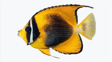 butterflyfish displays its vibrant yellow and black hues while resting motionlessly on a clean white background highlighting its bright patterns and unique shape. photo