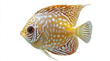 discus fish displays stunning coloration and unique patterns swimming gracefully in an isolated setting. Its radiant features highlight its aquatic beauty. photo