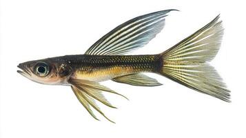 depiction features a flying fish gracefully poised in mid air highlighting elongated body wing like fins and distinct coloration against a stark white background. photo