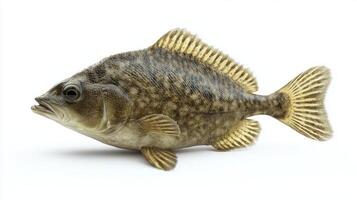 Flounder swims gracefully showcasing its flat body and mottled coloration. The fishs distinctive shape highlights its adaptation to the ocean floor habitat. photo