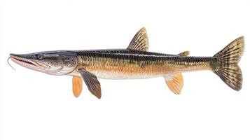 Gar Lepisosteidae known for its elongated body and sharp teeth rests prominently against a bright white background highlighting its distinctive characteristics and historical significance. photo