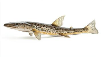 artwork illustrates a garfish known scientifically as Belone belone highlighting its elongated body and distinctive markings against a clean white background for clarity. photo