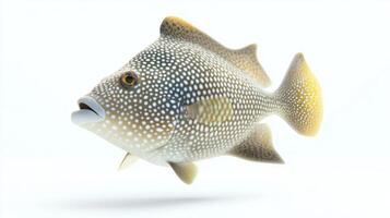 gray triggerfish glides effortlessly through a clean white environment exhibiting its distinctive pattern and detailing. This captivating fish is a true underwater wonder. photo