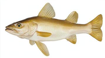haddock characterized by its elongated body and unique coloration illustrates the beauty of marine life. It stands out vividly against a clean white backdrop. photo