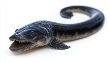 Hagfish Myxini is displayed against white backdrop highlighting elongated eel like body distinctive jaw structure and numerous sharp teeth emphasizing its fascinating appearance. photo