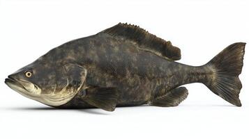 Halibut a flatfish known for its distinctive shape and color is presented against a clean white background. It highlights the fishs unique anatomy and texture clearly. photo