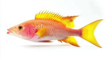 depiction features a vibrant Hogfish with vivid colors and unique patterns highlighting its physical characteristics in striking detail against a white backdrop. photo