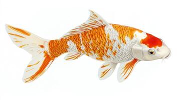 Koi Carp known for its vibrant orange and white coloration glides smoothly through a calm aquatic environment highlighting its elegant fins and scales. photo