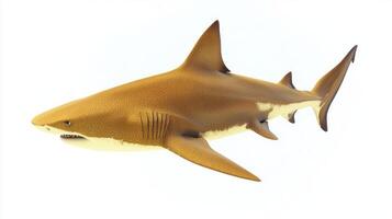 Lemon Shark is showcased in a lifelike manner exhibiting its distinct yellow brown coloration and streamlined body against a white background. photo