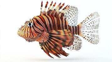 lionfish Pterois displays its striking colorful patterns and elegant fins as it swims in a tranquil underwater environment set against a bright white background. photo