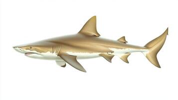 Lemon Shark known scientifically as Negaprion brevirostris displays its distinct physical characteristics isolated against a clean white backdrop. photo