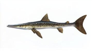 Longnose Gar glides effortlessly through a blank environment highlighting its elongated body distinctive snout and beautiful spotted pattern representing a unique fish breed. photo