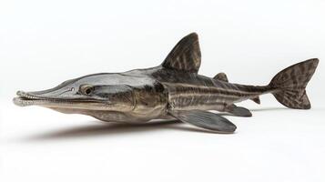 Paddlefish lies on a pristine white background showcasing its elongated snout and sleek body. This unique species is known for its streamlined shape and fascinating habits. photo