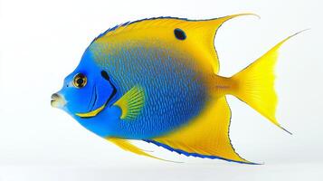 Queen Angelfish displays its striking blue and yellow colors demonstrating elegance and beauty in a natural swimming pose against a clean white backdrop. photo