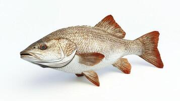 Displaying a red drum also known as Sciaenops ocellatus this representation highlights its distinctive coloration and shape against a stark white background emphasizing its intricate features. photo