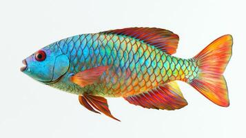 Rainbow Parrotfish displays its stunning colors and distinctive shape while swimming in a serene environment. Its bright scales reflect a beautiful spectrum of hues. photo