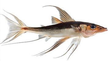The Ropefish swims gracefully displaying its elongated body and distinct fins. Its striking colors and patterns emerge clearly against a bright white backdrop highlighting its beauty. photo