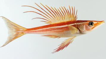 A Ropefish displays its elongated body and distinct fin structures while swimming in a serene manner. The vivid coloration enhances its beauty against the white backdrop. photo