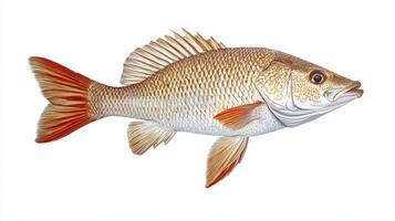 A striking Red Drum is illustrated with remarkable detail highlighting its vibrant coloration and unique body structure against a pristine white background emphasizing its elegance and beauty. photo