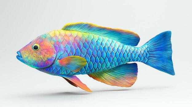 rainbow parrotfish displays a remarkable array of colorful scales while swimming in clear water. Its vivid hues contrast beautifully against a white background highlighting its intricate details. photo