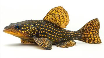 Royal Pleco is positioned prominently exhibiting its striking yellow and black patterned body against a simple white backdrop highlighting its beauty. photo