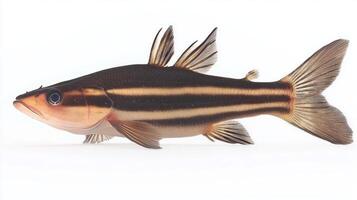 Striped Raphael Catfish displays its elegant body and striking stripes gliding through the water in a tranquil environment highlighting its unique characteristics. photo