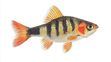 Tiger Barb swims gracefully displaying its vivid orange and black stripes on a pristine white backdrop highlighting its natural beauty and elegance. photo