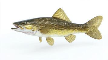 Walleye identified as Sander vitreus displays vibrant colors and unique physical traits. It swims gracefully against a clean white background emphasizing its beauty. photo
