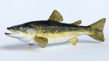 depiction highlights a Walleye also known as Sander vitreus displaying its recognizable markings and anatomy. The fish is set against a clean white backdrop emphasizing its features. photo